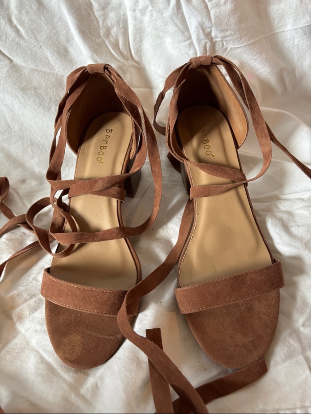 BAMBOO Brown Suede Wrap Ankle Block Heel Sandals